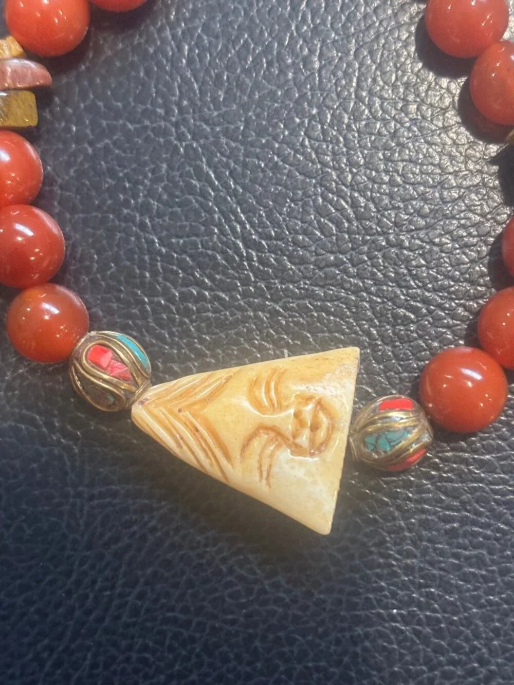 Handcrafted Buddha Face Pendant Carnelian & Tiger's Eye Tibetan Beads Bracelet